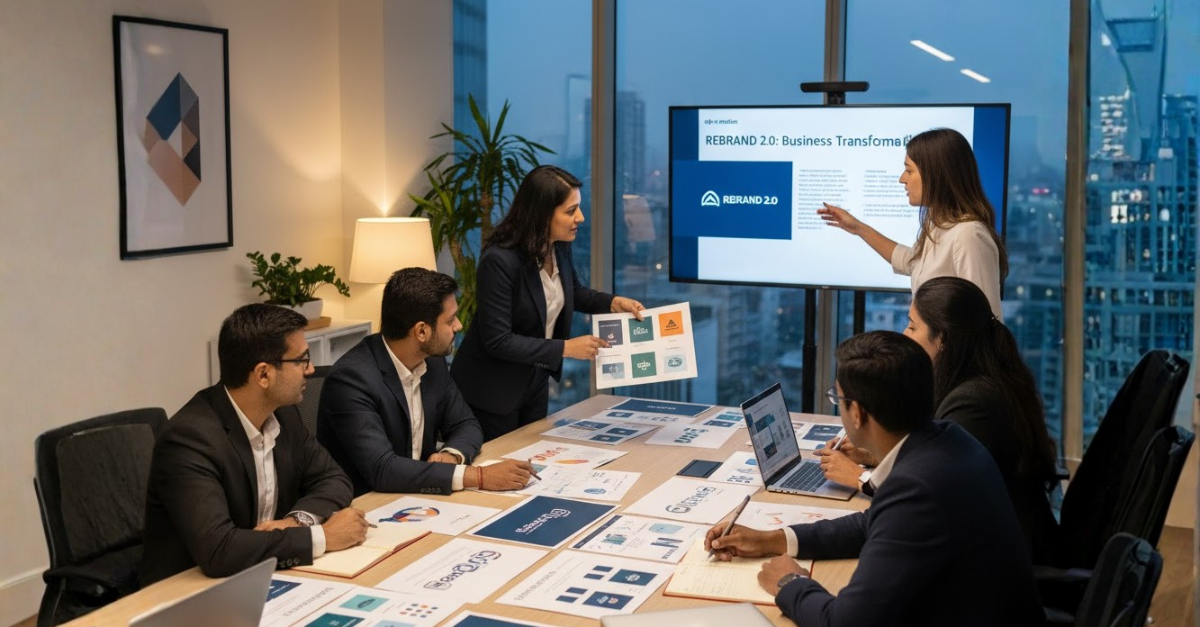 Business professionals collaborating on strategic rebranding for Indian B2B firms in a modern office setting