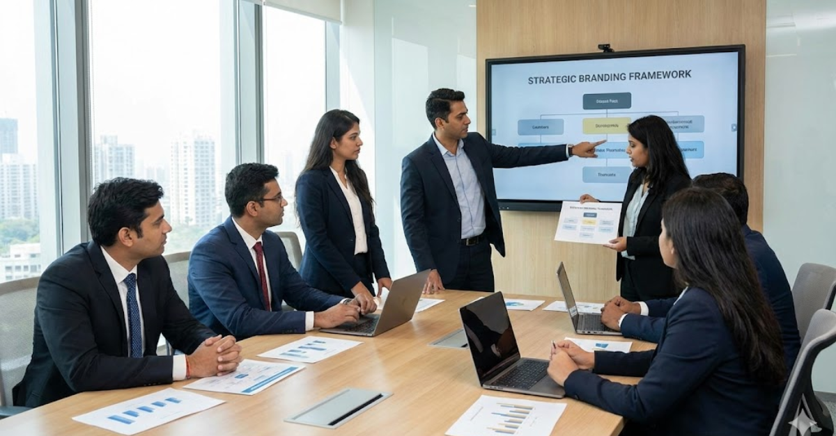 Indian B2B branding team reviewing structured communication in a modern office