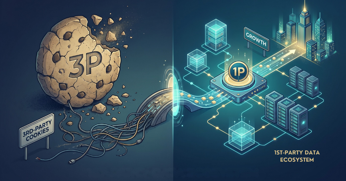 A visual representation of B2B marketing strategies transitioning from third-party cookies to a first-party data ecosystem.